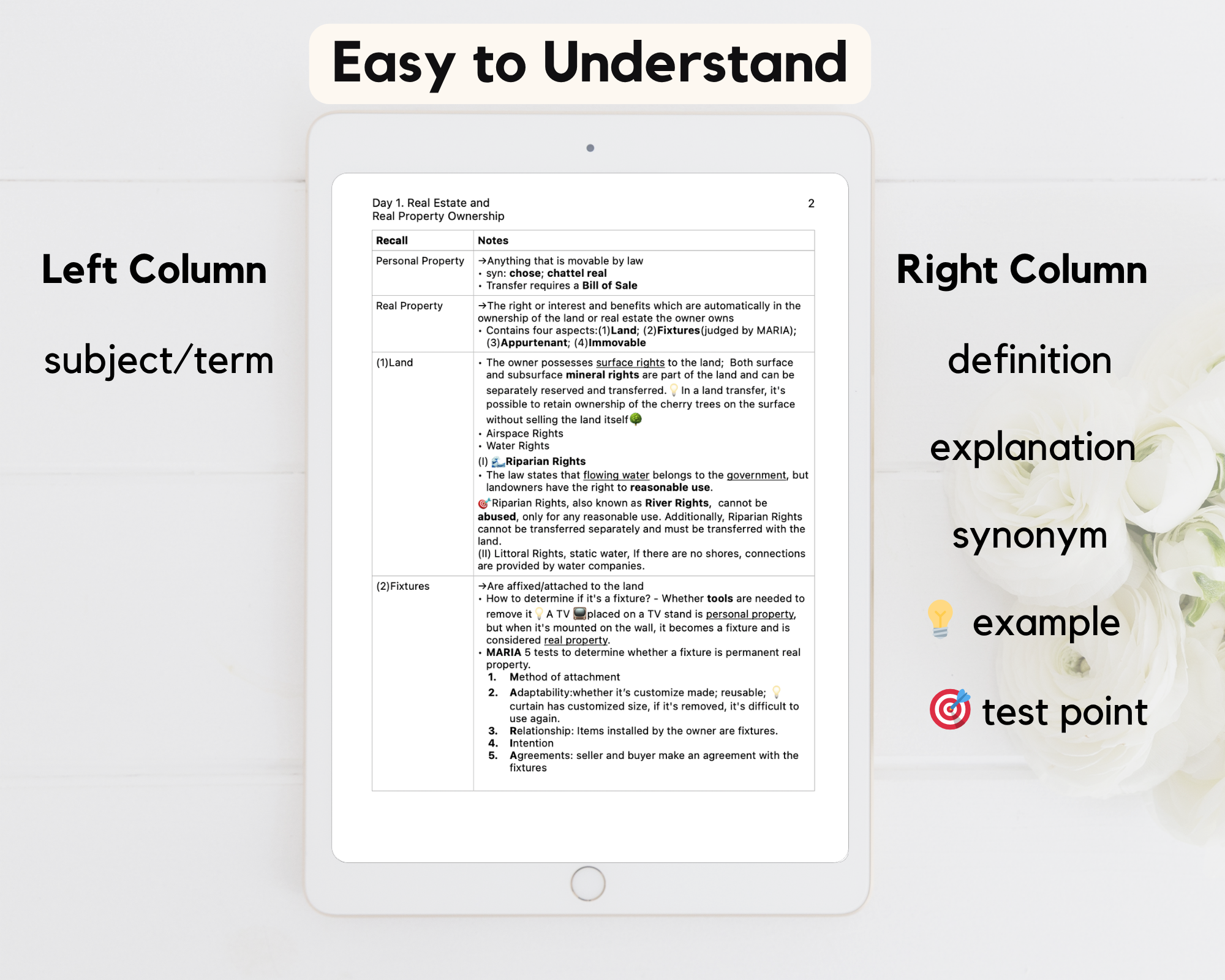 Sample page from the real estate exam notes showing the Cornell layout